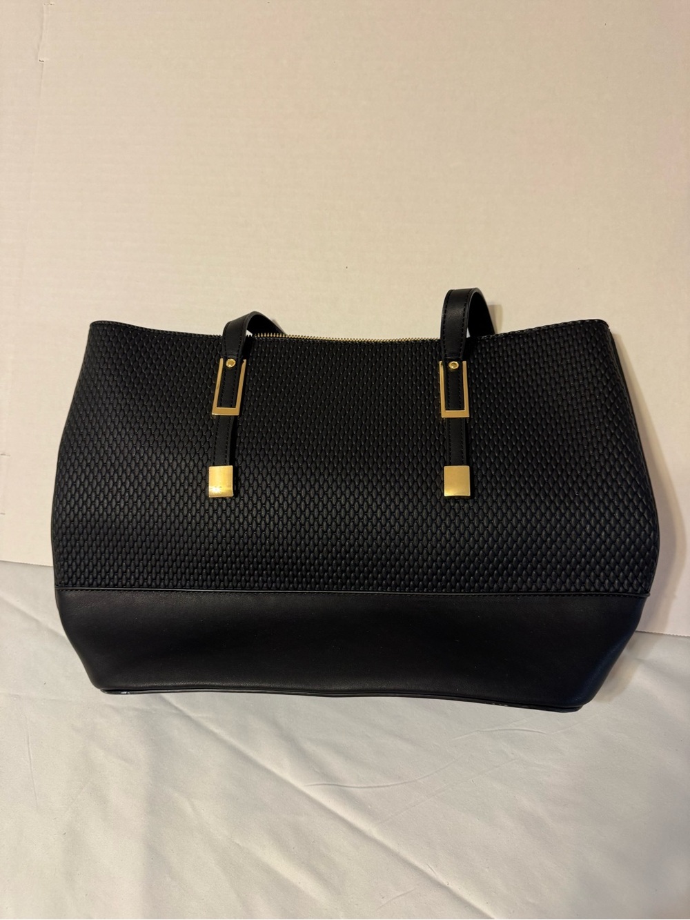 Black Textured Shoulder Tote with Gold Hardware
